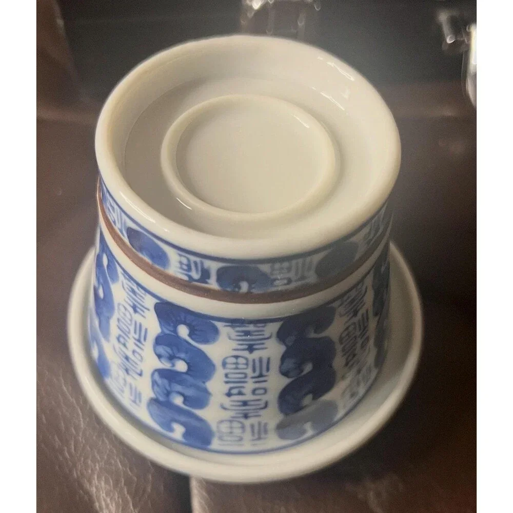 Chinese Blue White Porcelain Gaiwan Tea Cups Longevity Character Set 6pcs VTG